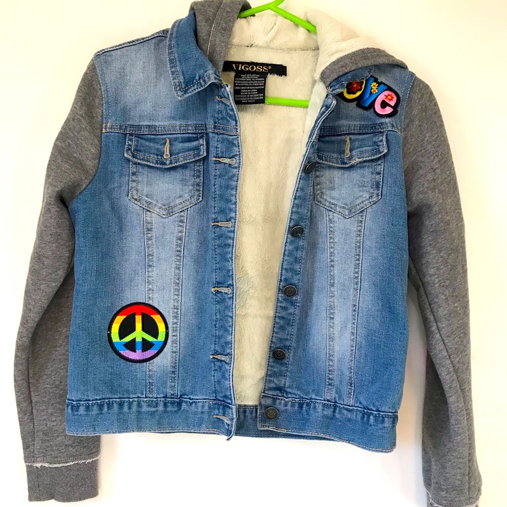 Vigoss lined jean jacket hoodie with patches